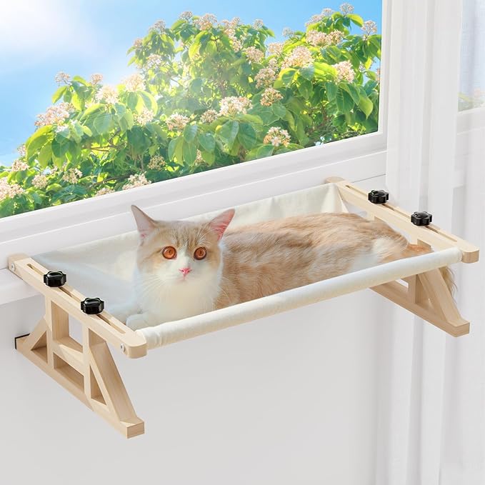 Tresbro 2-IN-1 Cat Window Perch & Elevated Cat Hammock, 26''L × 15.7''W × 10.2"H Wooden Frame Pet Bed for Large Indoor Cats, Easy Setup, Adjustable, No Drilling, Cats Seat for Window, Bedside, Ground