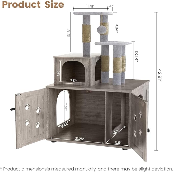 Cat Litter Box Enclosure with Cat Tree Tower 2-in-1 Hidden Pet Washroom Furniture with Scratching Post and Soft Plush Perch Platform Wooden Cat House Divided Condo for Indoor Large Cats Gray
