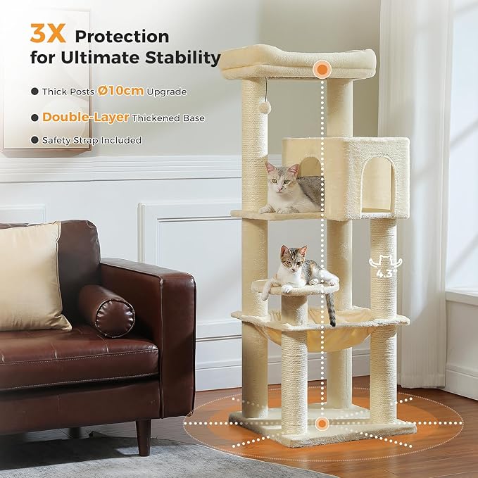 Large Cat Tree for Indoor Cats Large Adult, 57.8" Heavy Duty Cat Tower with 4 Reinforced Scratching Posts (φ3.7in) and Plush Larger Hammock for Maine Coon & Big Cats, Supports 30lbs, Beige