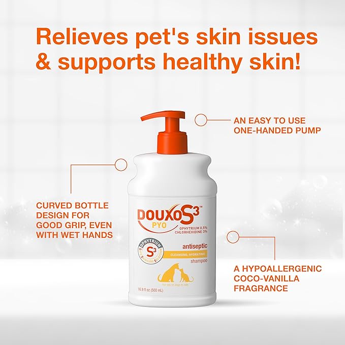 Douxo S3 Pyo Shampoo, Contains 3% Chlorhexidine & 0.5% Ophytrium, Antiseptic & Hydrating, For Bacterial or Yeast Skin Infections, For Dogs and Cats, 16.9 fl. oz. (500mL)