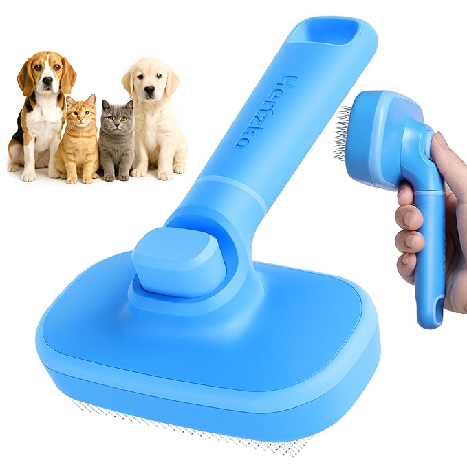 Hertzko Self Cleaning Slicker Brush for Cats & Dogs – Grooming Tool for Shedding Long & Short Hair – Retractable Bristles Pet Brush – Easy-Clean Cat & Dog Deshedding – Painless Detangling - Blue
