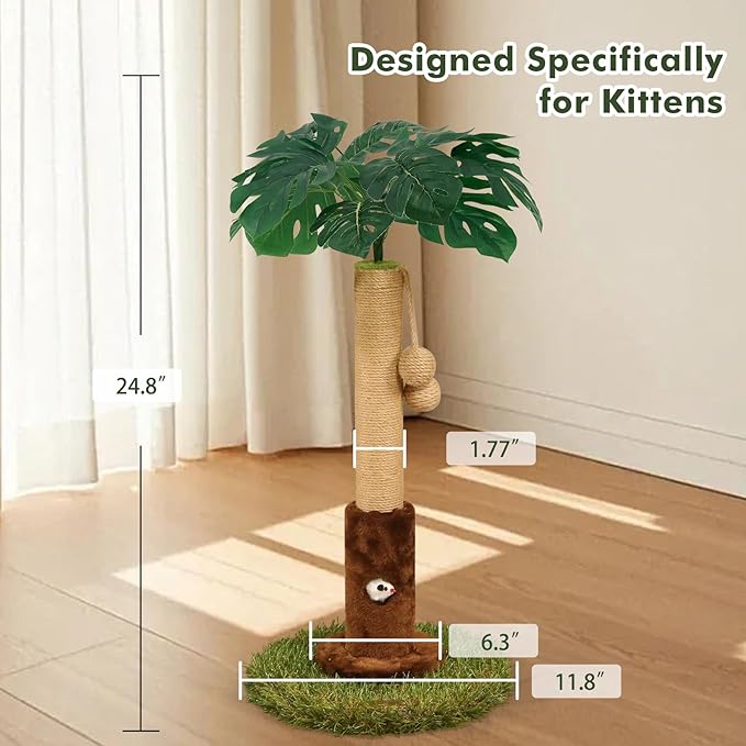 Cat Scratching Posts Cat Trees 26.4" Tall with Sisal Rope Cat Toy and Hanging Ball for Indoor,Wooden Palm Tree Cat Scratch Pole for Kitty