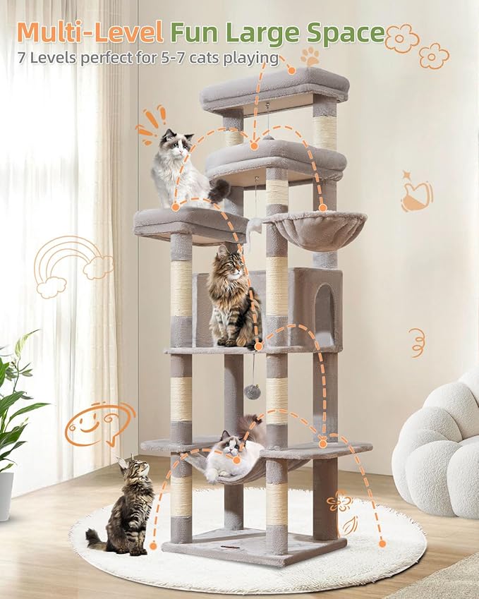 Taoqimiao 71 Inches Cat Tree for Large Cats 20lbs+, 3 Giant Perches, Multi-Level Cat Tree Tower, Widened Cat Condo with 9 Scratching Posts, Luxurious Hammcock & Basket, Light Gray, MS034W