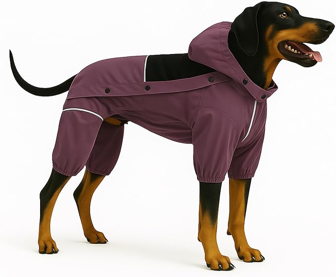 LOVELONGLONG Waterproof Dog Raincoat with Removable Hood – Outdoor Full Body Dog Jacket, Windproof Snowproof Shell Suit – All Season Pet Rain Gear Plum Purple 4XL