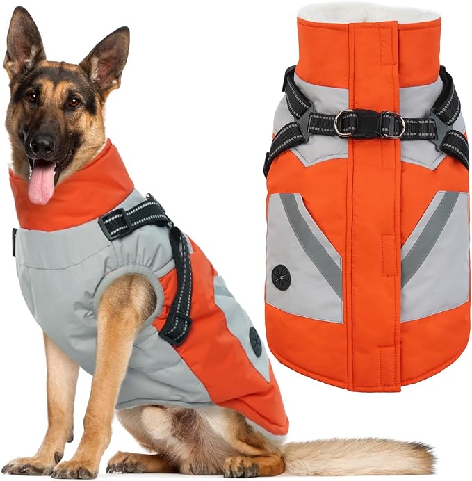 IECOii Dog Coat for Large Dogs Waterproof Dog Winter Jacket with Harness Built in, Orange - XXLarge, Thermal Warm Fleece Lined, Reflective Dogs Jackets for Cold Weather Camping, Hiking, Pitbull