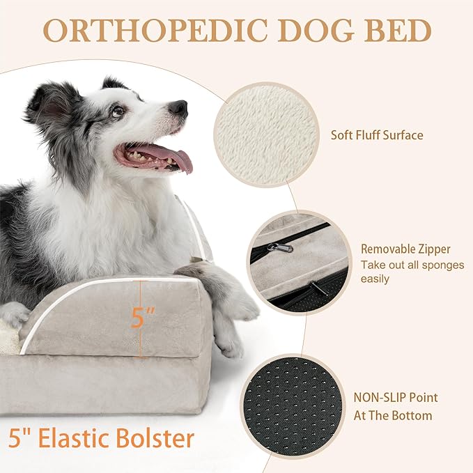 Comfort Expression Orthopedic Dog Bed for Large Dogs 36x27 Inch, Waterproof Supportive Egg Crate Foam Large Pet Bed with Removable Bolsters, Dog Couch with Washable Cover & Non-Slip Bottom, Beige