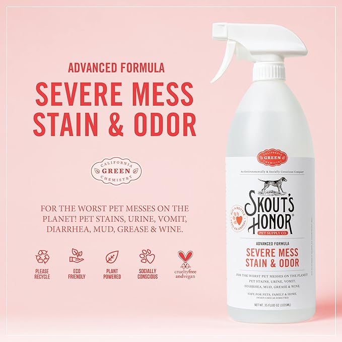 SKOUT'S HONOR Severe Mess, Stain and Odor Remover - Advanced Formula for Tackling the Worst Dog Messes, Eco-Friendly Formula for Carpets and Home, 35oz