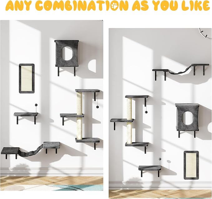 NUNU LAB Cat Wall Shelves, 10-in-1 Wall-Mounted Cat Furniture Set, Large Cat Climber Set with House, Bridge, Steps, Scratcher, DIY Playground, Shelves for Indoor Wall Furniture Set - Gray