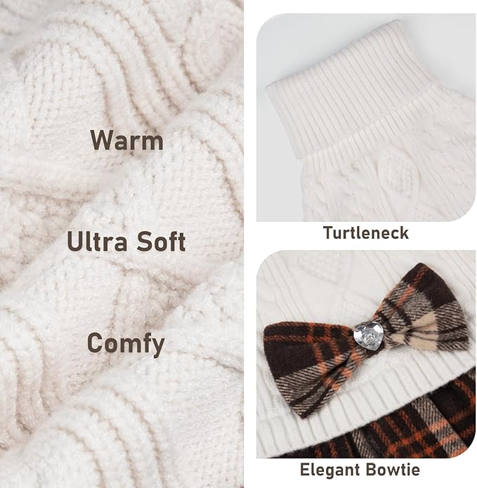 KYEESE Dog Sweater Warm Pullover Pet Coats Stretchy Cat Sweaters Soft Turtleneck Pet Sweater Dress Thick Dogs Clothes with Bowtie Comfy Knitwear Dog Sweaters for Small Dogs Girl, White, X-Large