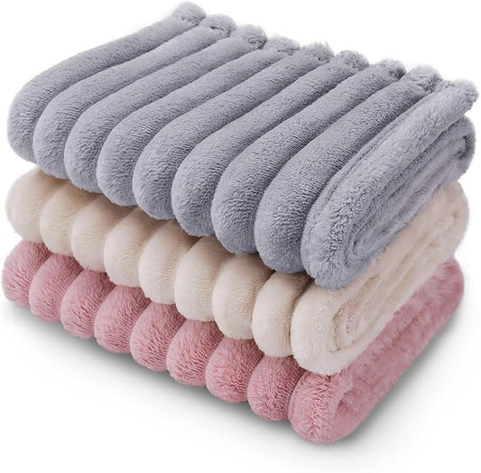 LINENLUX 1 Pack 3 Soft Fleece Dog Blanket for Pet Washable Warm Cat Puppy Fluffy Calming Flannel Beige/Pink/Grey Small