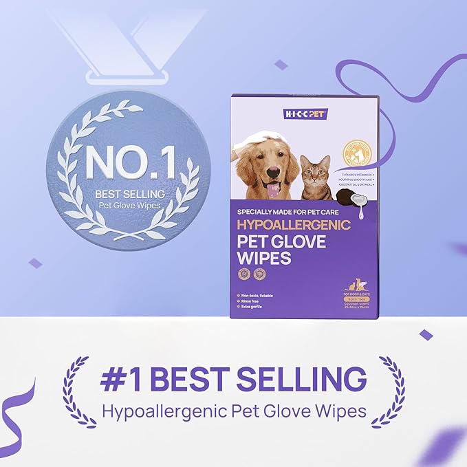 HICC PET Cleaning Deodorizing Glove Wipes for Dogs & Cats, Vet Recommended Hypoallergenic Pet Cleaning and Hydrating Glove Wipes, Nourish Fur Coconut Oil Pet Bathing Wipes for Horse Coat Care