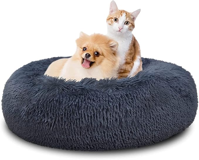 SAVFOX Plush Calming Donut Dog Beds for Small Dogs, Medium, Large & X-Large Breeds, Comfy Cuddler Dog Bed and Cat Bed in Faux Fur, Washable, Multiple Sizes S-XXL