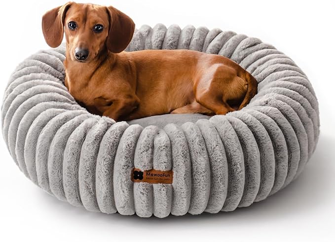 MEWOOFUN Donut Dog Beds for Small Dog, Calming Bed Round Cute Puppy Bed with Non-Slip Bottom, Fluffy Washable Pet Bed for Puppy and Kitten (Grey, S (25x25x7))
