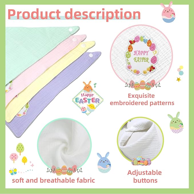 Easter Bandanas Solid Color Embroidered Soft Cotton Pet Scarf with Adustable Button,White,Large