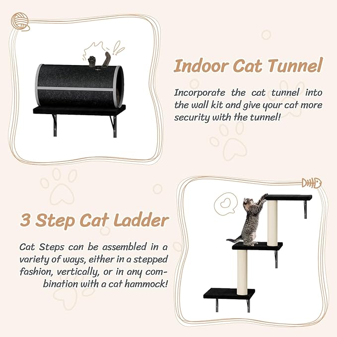NUNU LAB 7-in-1 Wall Mounted Cat Climber Set, Cat Furniture with House, Tunnel, Bridge, Steps, Scratcher, Hammock, Shelves for Indoor, Black
