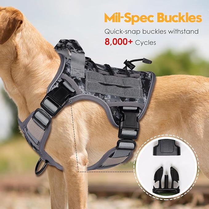 Heavy-Duty Tactical Dog Harness for Large Dogs, No Pull Adjustable Reflective Pet Vest with Molle System, K9 Military-Grade Control for Service Training, Outdoor & 10+ Breeds, Gray Camo, Small