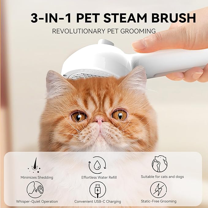 Pet Steam Brush, 3-in-1 Spray Hair Removal Comb for Dog and Cat, Steam for Shedding and Grooming, Spritz Defur Comb, Water Brush for Long & Short Haired Pets