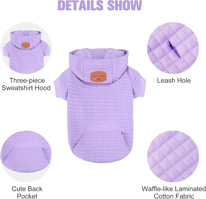 BEAUTYZOO Small Dog Hoodie Sweater with Pockets, Dog Clothes for Small Medium Dogs Boy Girl, Waffle-Like Laminated Cotton Pet Coats with Hat and Leash Hole, Purple S