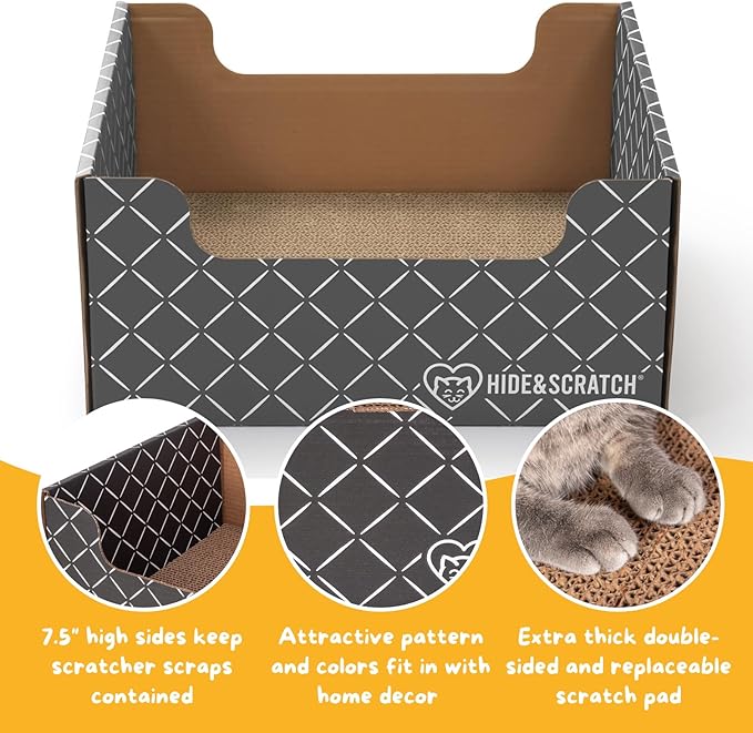 HIDE & SCRATCH Cat Scratcher Box and Cat Bed with Refillable Double-Sided Cardboard Scratch Pad for Indoor Cats (2 Cat Pack)