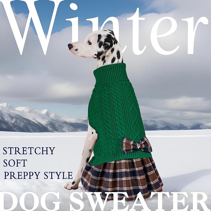 KYEESE Dog Sweater Comfy Dog Sweaters for Medium Dogs Boy Soft Pullover Dogs Clothes Warm Turtleneck Pets Sweaters with Bowtie Thick Knitwear Pet Sweater Dress Stretchy Pet Coats, Green, XX-Large