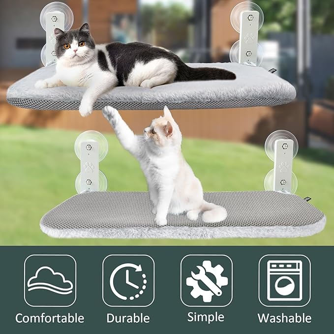 Sunhoo 2PCS Cat Window Hammock Perch Cordless Window Sill Seat Bed Foldable Kitty Lounger Indoor Cats Shelf Stable Upgraded Suction Cup Easy Assembly 20.5 * 11.8in Hold Up to 55lbs (Light Gray, M)