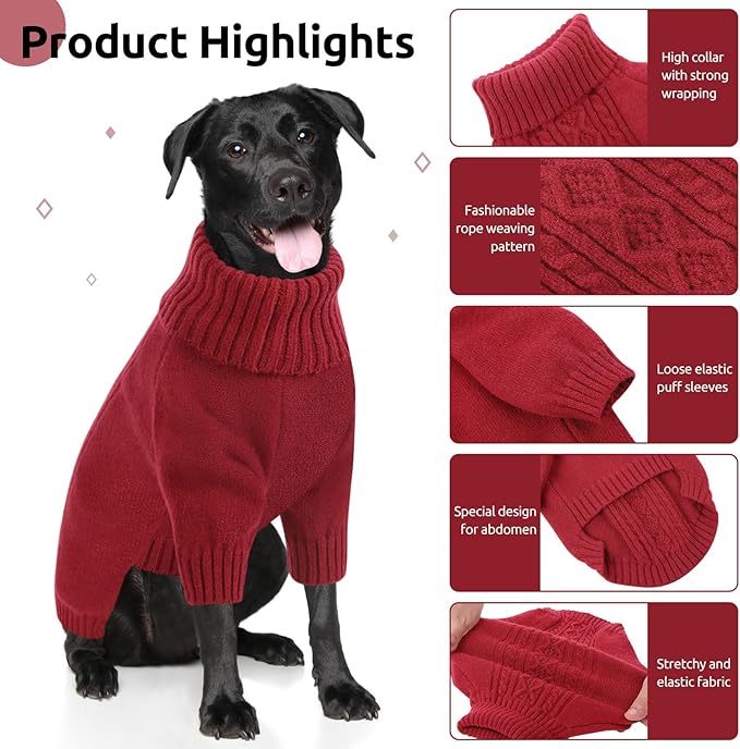 SAWMONG Dog Sweater for Large Dogs, Turtleneck Knitted Pullover Sweater Sweatshirt, Winter Warm Pet Sweater for Boy Girl Cat Sweater (Red, 2XL)