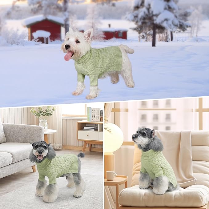 KYEESE Dog Sweater Warm Pet Coats with Long Sleeve, Turtleneck Dog Sweater for Small Medium Dogs with Classic Cable Knit, Stretchy Dogs Clothes for Cold Weather, Green, X-Large