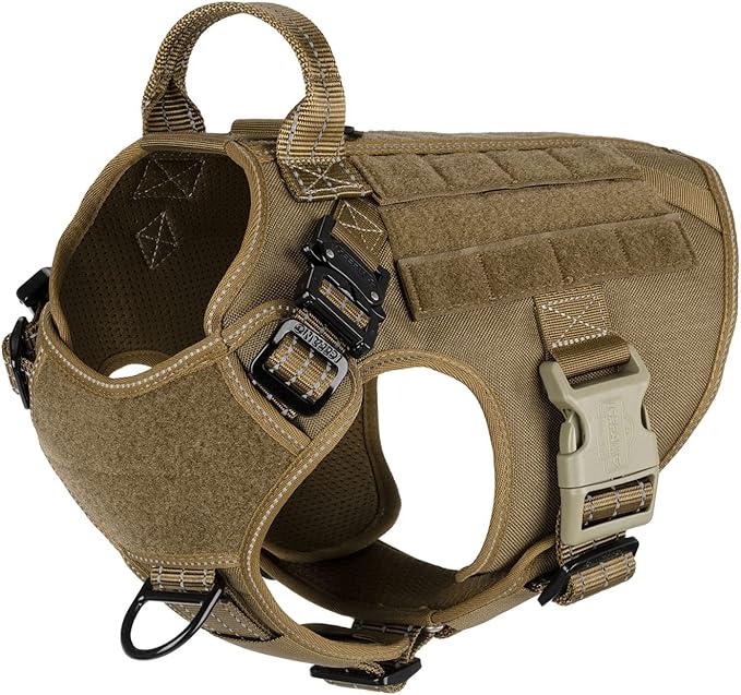 ICEFANG Tactical Dog Harness, Medium Size,2X Metal Buckle,Working Dog MOLLE Vest with Handle,No Pulling Front Leash Clip,Hook and Loop Panel (Brown,M (Pack of 1))