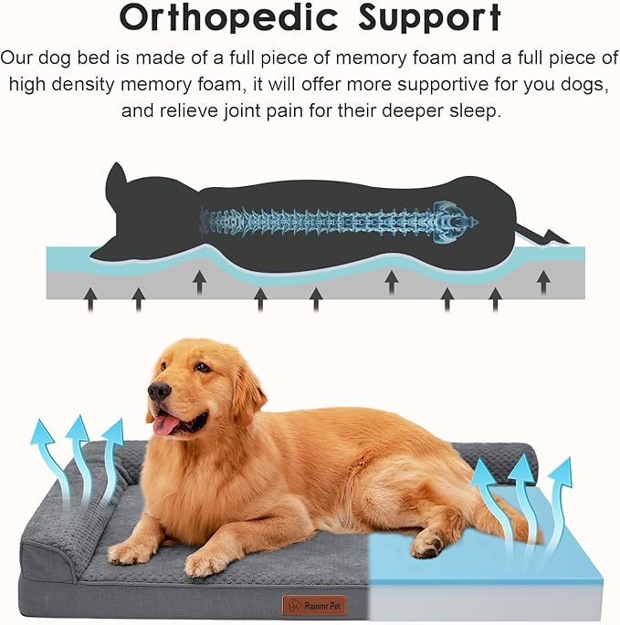 Orthopedic Dog Beds Large Sized Dog, Memory Foam Pet Bed for Large Dogs, Washable Removable Cover, Nonskid Bottom, Waterproof, 44x32x6 Inches, Dark Grey