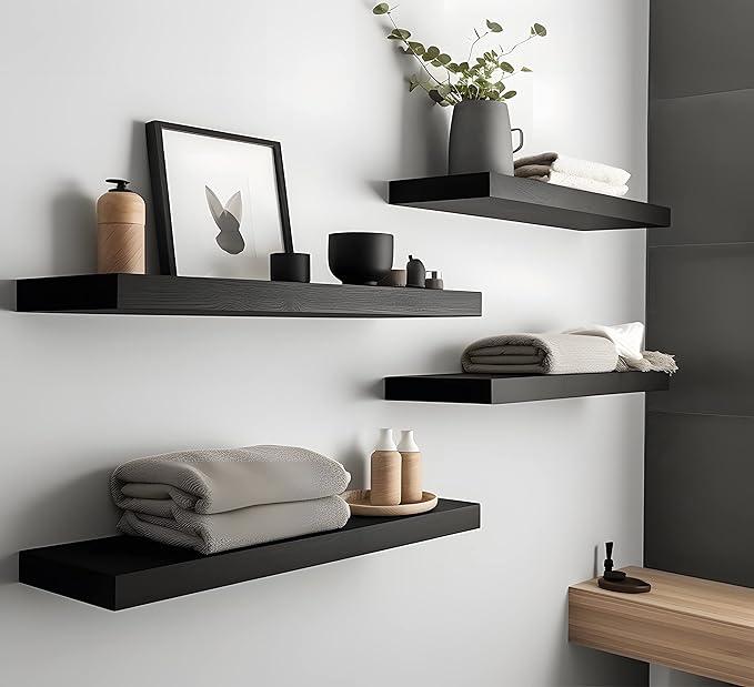 Black Wood Floating Shelves for Wall Rustic Wall Shelf for Bedroom Living Room Set of 4