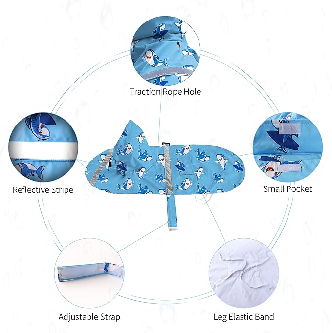 NACOCO Large Dog Raincoat Adjustable - Pet Shark Water Proof Clothes Lightweight Rain Jacket Poncho Hoodies with Strip Reflective Blue (M, Blue Shark)