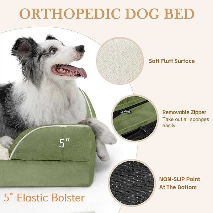 Comfort Expression Orthopedic Dog Bed for Extra Large Dogs 53x42 Inch, Waterproof Egg Crate Foam XXL Pet Bed with Removable Bolsters, Dog Couch with Washable Cover & Non-Slip Bottom, Light Green