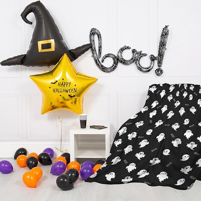 Happy Halloween Funny Ghost Blanket, Soft Anti-Pilling Throw Blanket, Lightweight All Seasons Spooky Flannel Blanket for Couch Sofa Bed 50x60 in Black & White