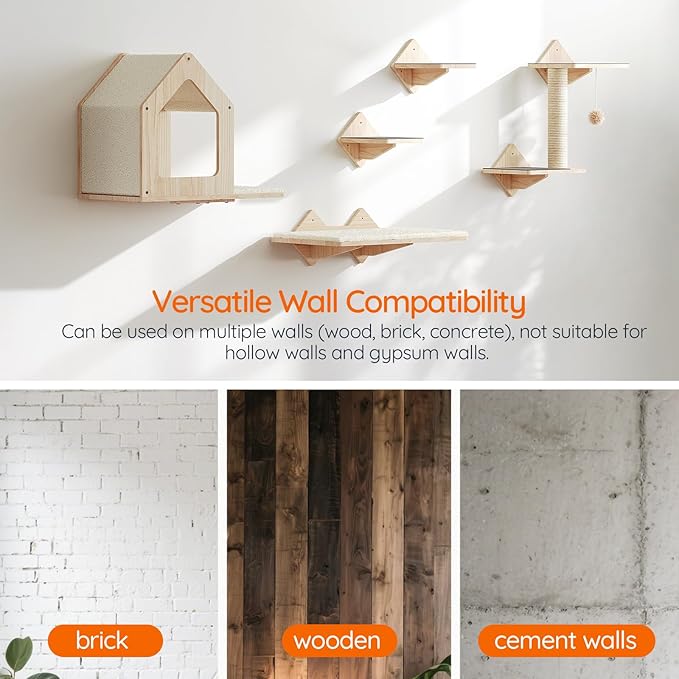 HOOBRO Wood Cat Wall Shelves, Set of 5 Cat Wall Mounted Furniture, Climbing Shelves with House, Steps, Scratching Post, Perch, Sturdy and Anti-Slip, Natural NL43CS03G1
