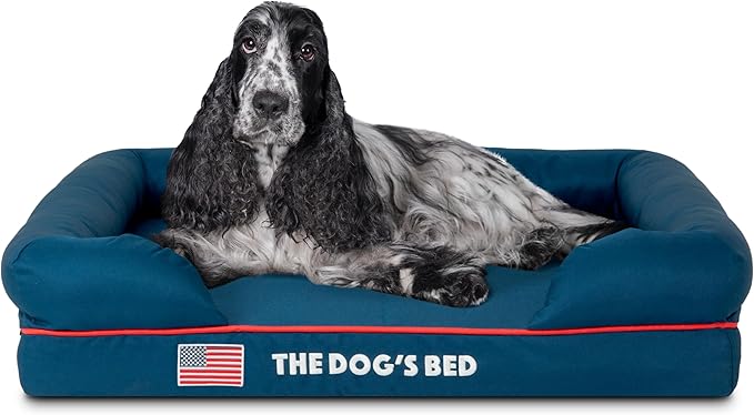 The Dog’s Bed, Medium Blue Oxford with Red Trim USA Flag Dog Bed, Memory Foam, Pain Relief, Post Surgery, Lameness, Supportive, Calming, Waterproof Washable Cover