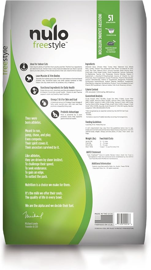 Nulo FreeStyle High Protein Indoor Cat Food, Duck & Cod Recipe - Natural Grain-Free Dry Indoor Cat Food with Omega Fatty Acids, & Probiotics, 4 lb Bag