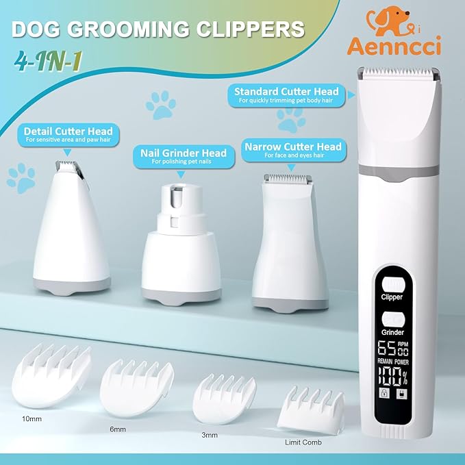4 in 1 Dog Clippers Grooming Kit with LED Screen, Cordless Quiet Paw Trimmer & Nail Grinder, Rechargeable Waterproof Feet Ear Body Hair Shaver for Cats Dogs Pet Supplies, Pure White