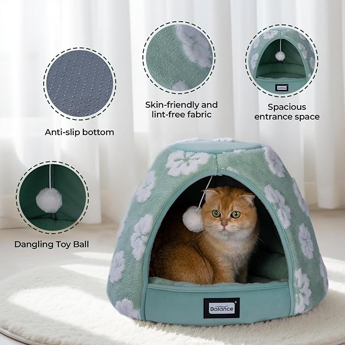 BALANCE Cat Beds for Indoor Cats, 2-in-1 Cat Bed Cave with Anti-Slip Bottom and Ultra-Soft Plush, Cozy Cats House Tent for Kittens and Small Dogs, 21 Inches, Green