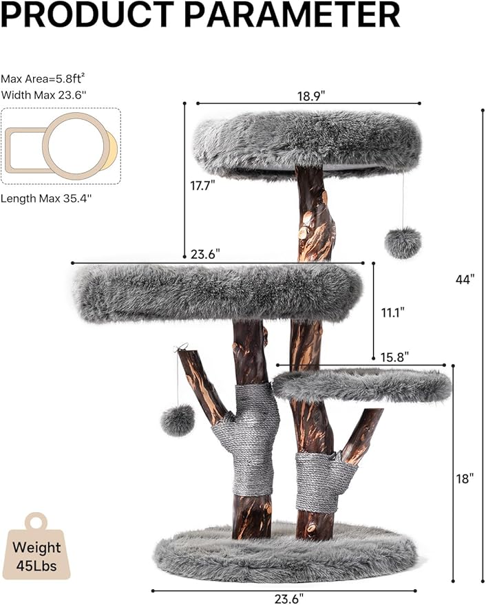Aesthetic Cat Tree Tower for Large Cats, Large Cat Tree for Maine Coon Indoor Cats with Faux Fox Fur, Solid Wood Sisal Scratching Post, Perches, Platform & Toy Ball