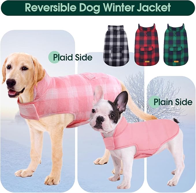 Kuoser Reversible Dog Jacket, Warm Winter Coat for Large Dogs, Warm Windproof Pet Cold Weather Clothes, Pink XXL