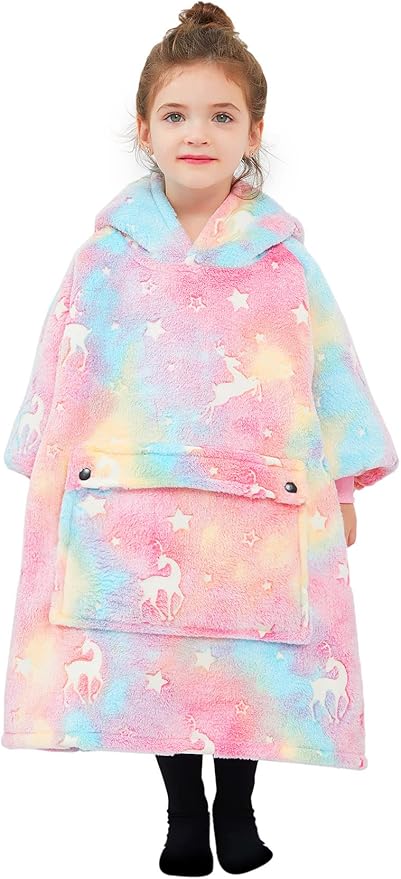 Glow in The Dark Wearable Blanket Hoodie for Kids Toddlers Sherpa Blanket Sweatshirt with Pocket 2-6 Year Old Girl Birthday Gifts