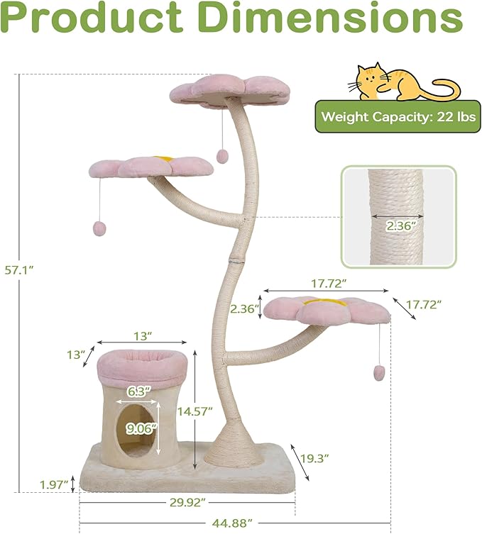 COZIWOW 57'' Modern Cat Tree, Luxury Cat Tree with Condo, Aesthetic Cute Cat Tower Scratching Post with Large Condo, Cat Bed, Side Perch for Multiple Cats