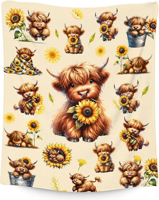 Kids Throw Blankets, Highland Cow Blanket Gifts for Girls, Cow Gifts with Sunflower, Warm Flannel Throw for Couch, 40"x50"