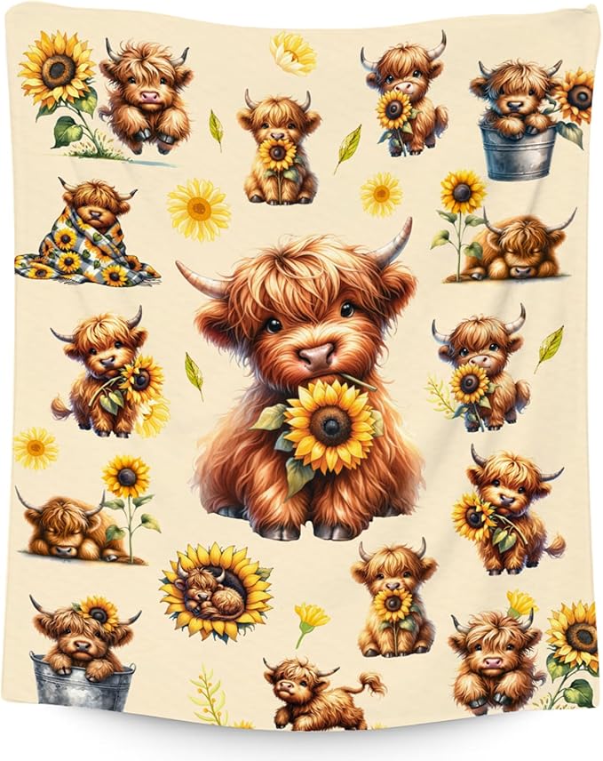 Kids Throw Blankets, Highland Cow Blanket Gifts for Girls Women Adults, Cow Gifts with Sunflower, Warm Flannel Throw for Couch Bed Living Room, 50"x60"