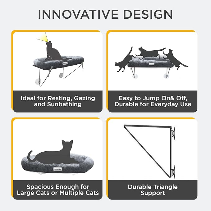 EvolutionUSA Cat Window Perch, Durable Feline Bed, Comfy Perch for 360 Views, Durable Elevated Pet Lounger, Ideal Cat Window Hammock for Large Cats, Heavy Duty, Large Size 24.4x12.6 in