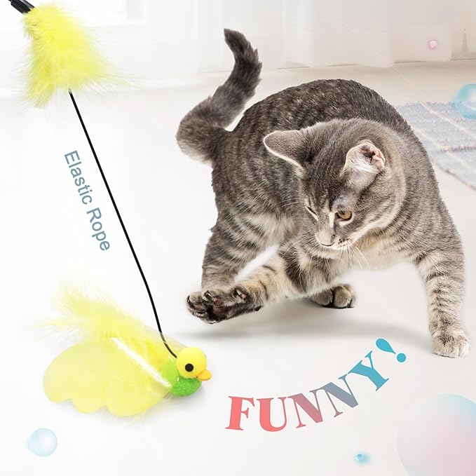 SONGWAY Cat Feather Wand Toy - Cat Teaser Toy Wand with 4 Flexible Feather Teaser Refills, Interactive Cute Tassel Cat Toys for Indoor Cats Kittens