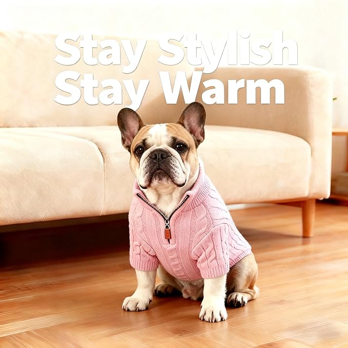 Medium/Large Dog Sweater, Warm Dog Winter Coat w/Sleeves, Comfortable High Neck Premium Dog Clothes for Bulldog-Best for Holidays, Daily Walks L Pink