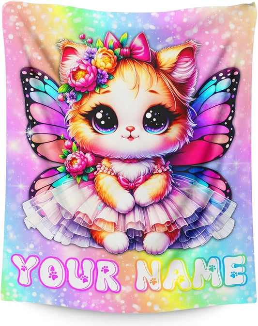 Girls Cat Blanket Personalized Throw for Toddler Kids Cat Lovers, 30x40 Inches Soft Cozy Custom Rainbow Print Throw Blankets for Sofa Couch Bed Travel Cute Birthday Gift