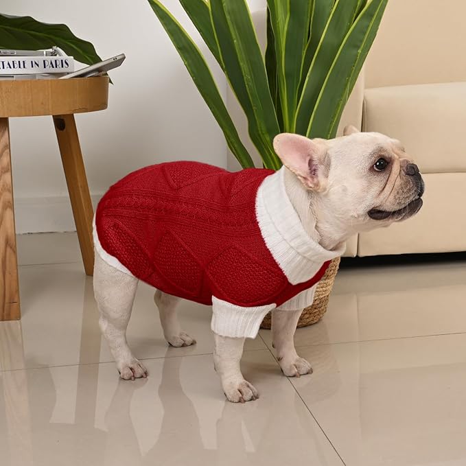 Dog Sweater for Medium Dogs Argyle Cable Knit Turtleneck Pullover Winter Clothes Boys Girls French Bulldog Dachshund Corgi Beagle Pug Pet (L, Red)