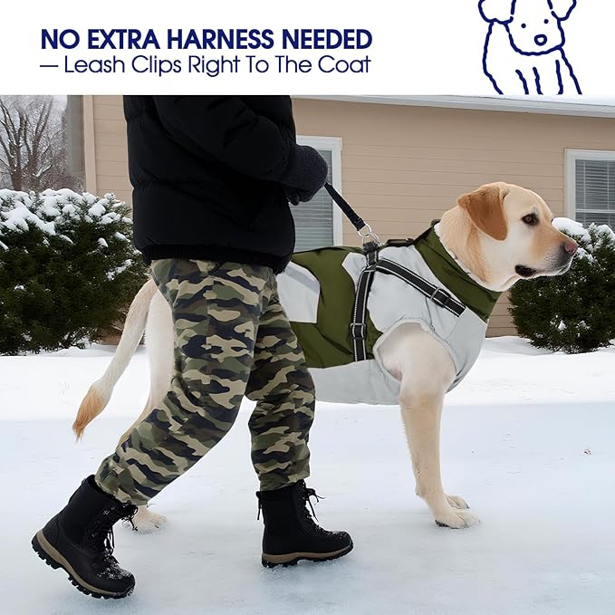 FUAMEY Dog Winter Jackets for Small Dogs,Dog Coat with Harness Built in,Waterproof Dogs Snowsuits Warm Pet Jacket Zip Up Fleece Cold Weather Coats Reflective Puppy Vest with Pocket Green XS